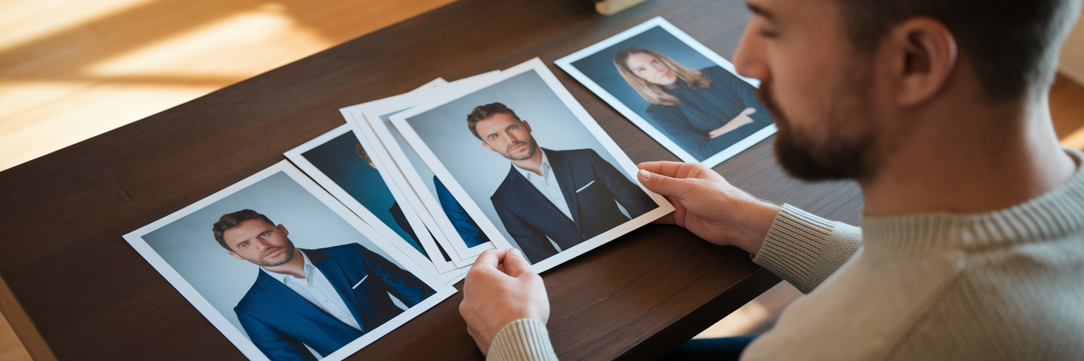 Man choosing from professional headshot prints.