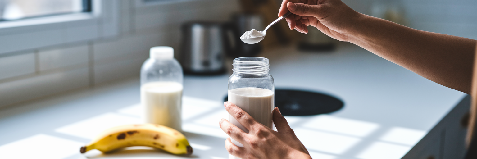 Measuring creatine and protein powder into a shaker.