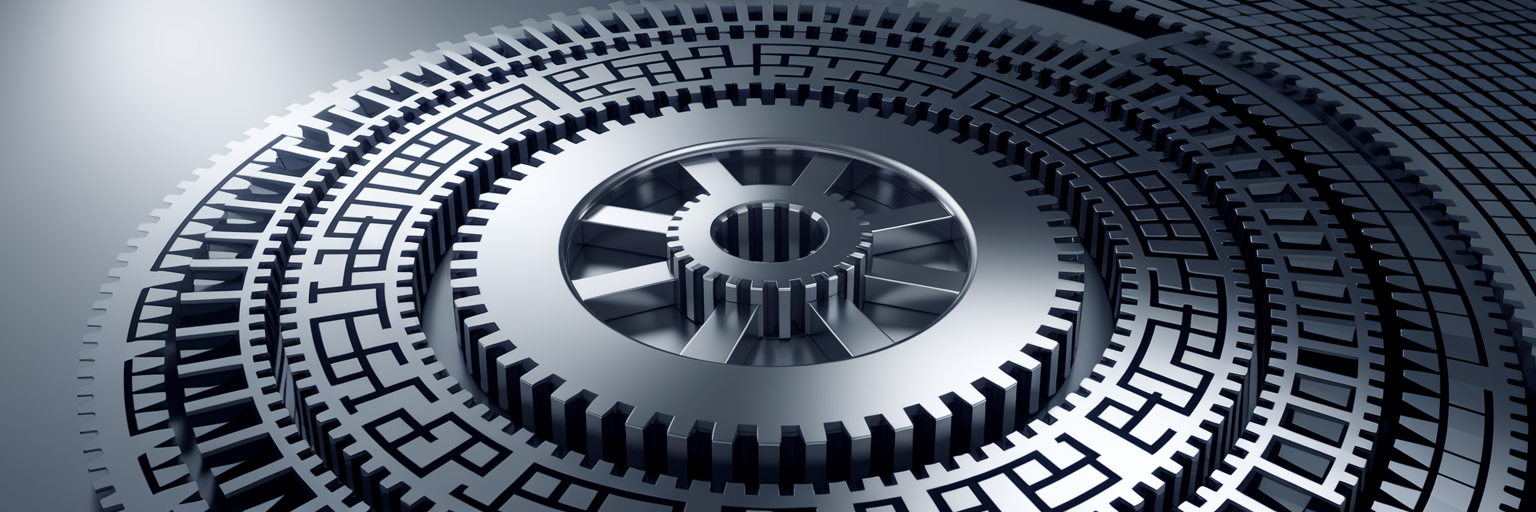 Metaphorical image of interlocking gears representing efficiency.