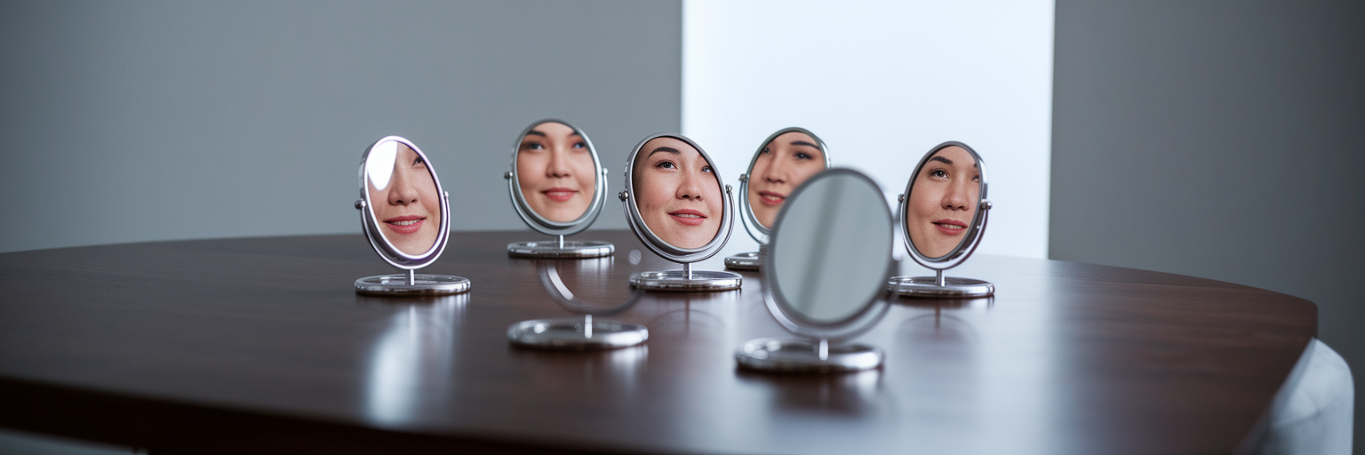 Mirrors reflecting different professional facial expressions.