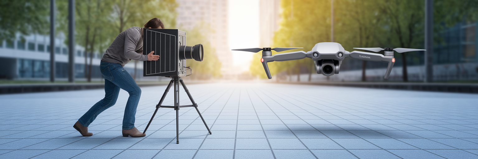 Modern drone outpacing vintage camera setup.