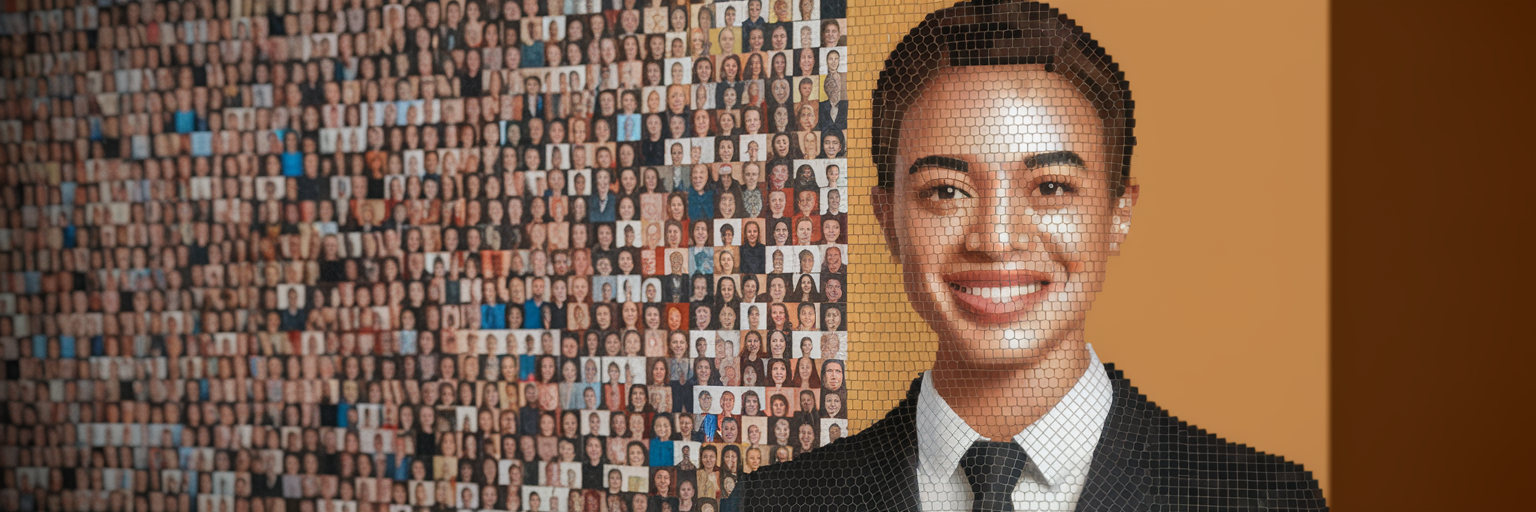 Mosaic portrait made of diverse individual headshots.