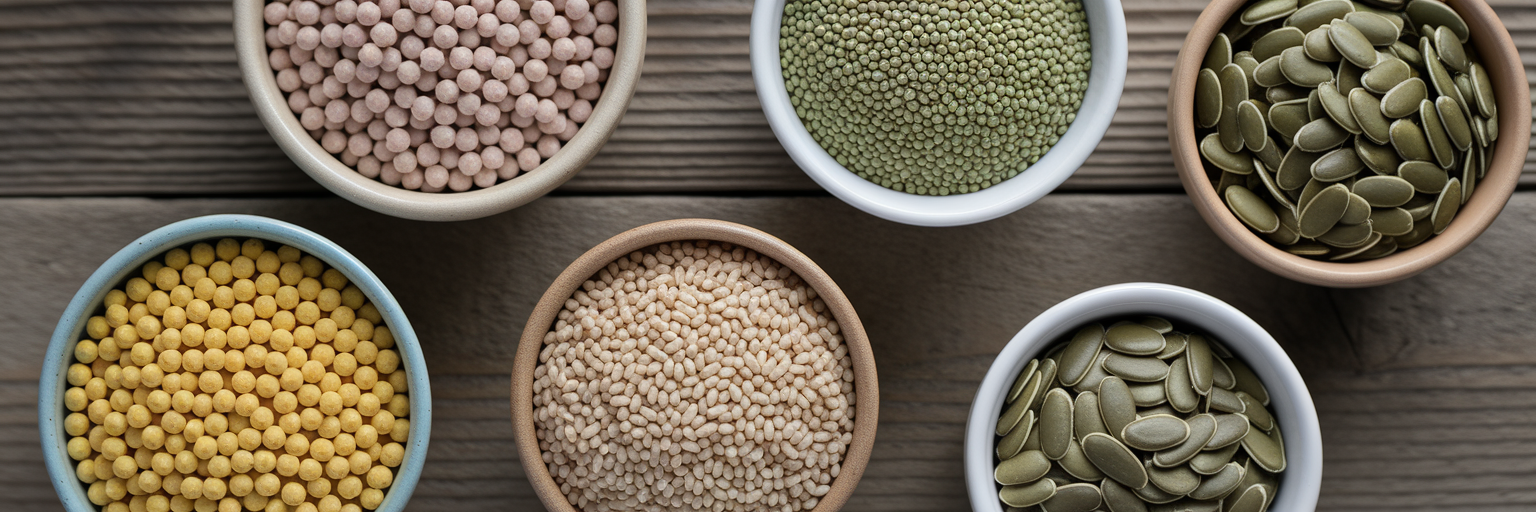 Natural plant protein sources in bowls.