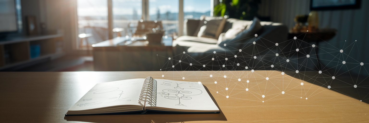 Notebook with ideas and light pattern
