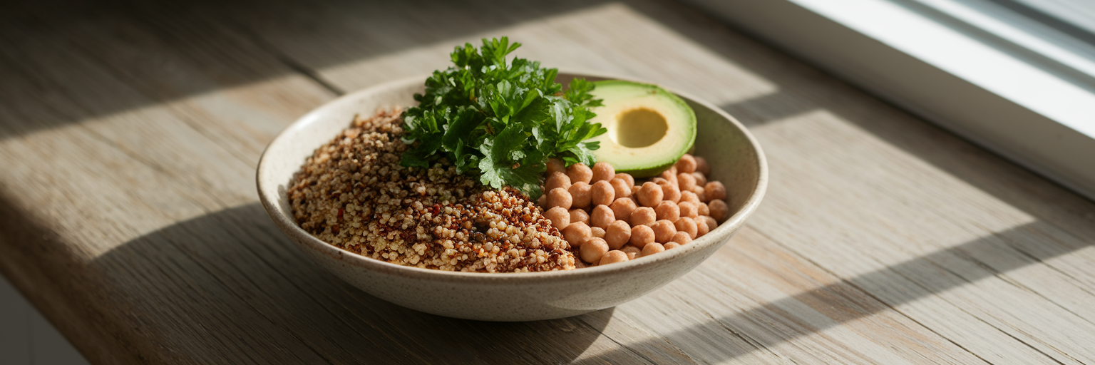 Un tazón nutritivo de lentejas y quinoa.