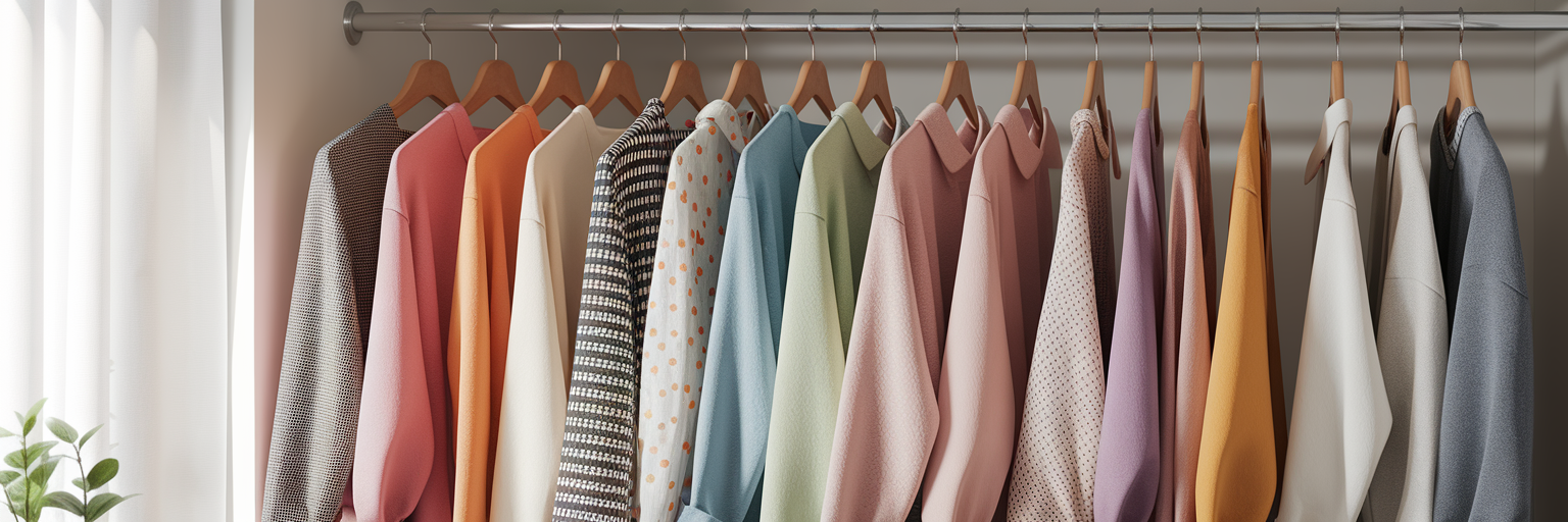 Organised clothing collection in modern closet.