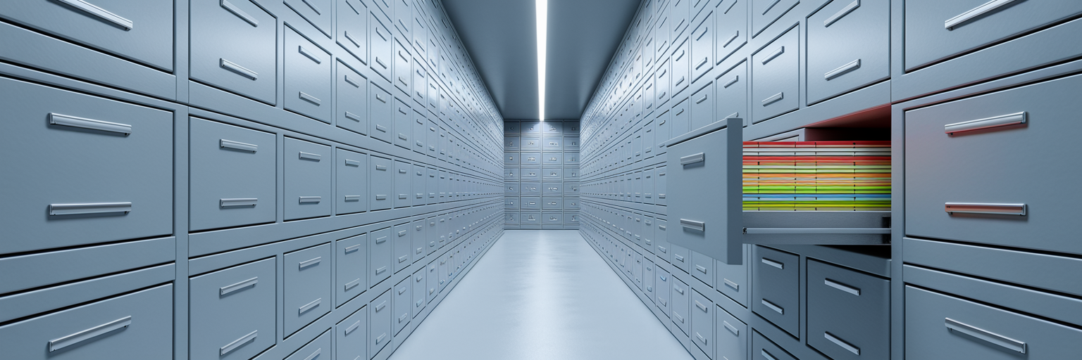 Organised files in a minimalist archive cabinet.