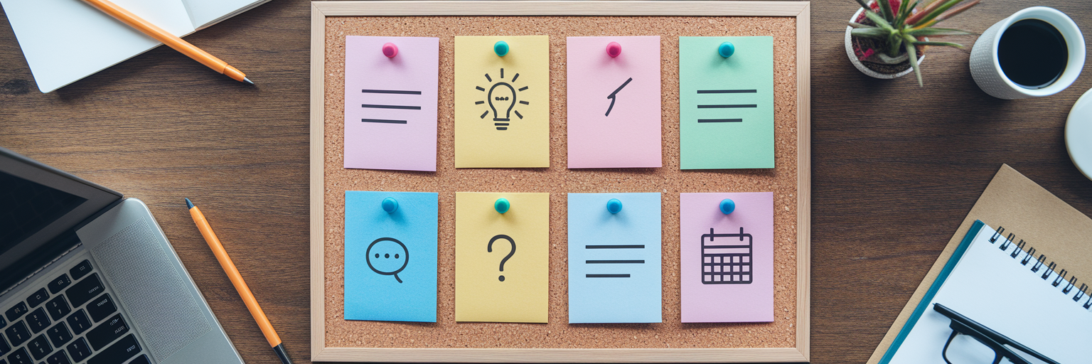 Organized corkboard with colorful planning cards.