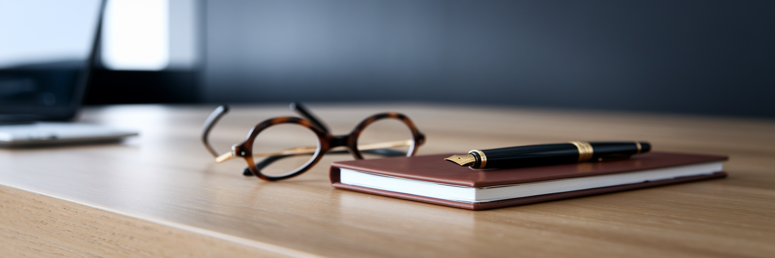 Organized professional desk with notebook and glasses.