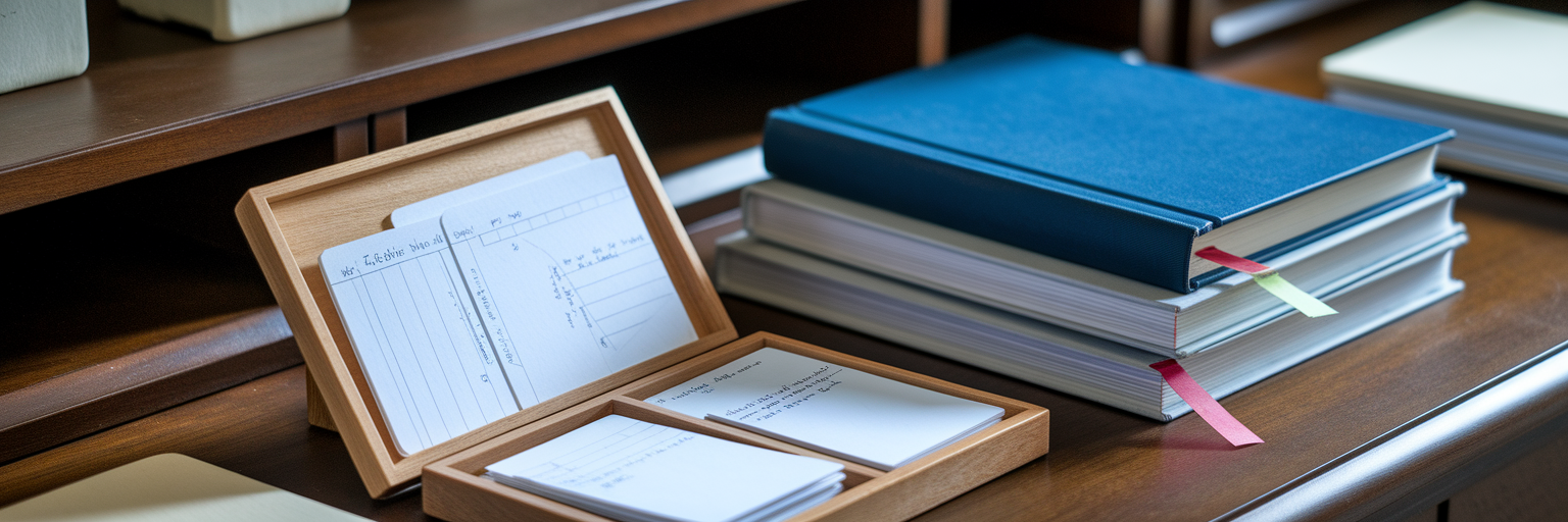Organized research notes in a Zettelkasten box.