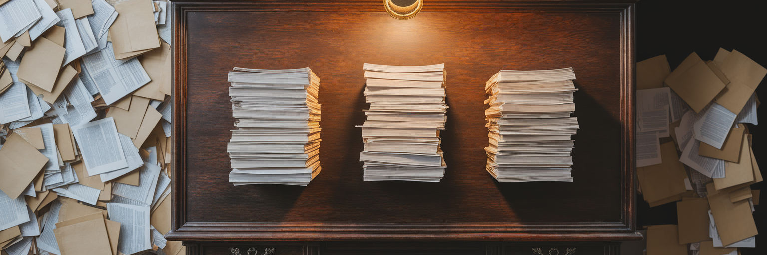 Organized research papers on a desk.