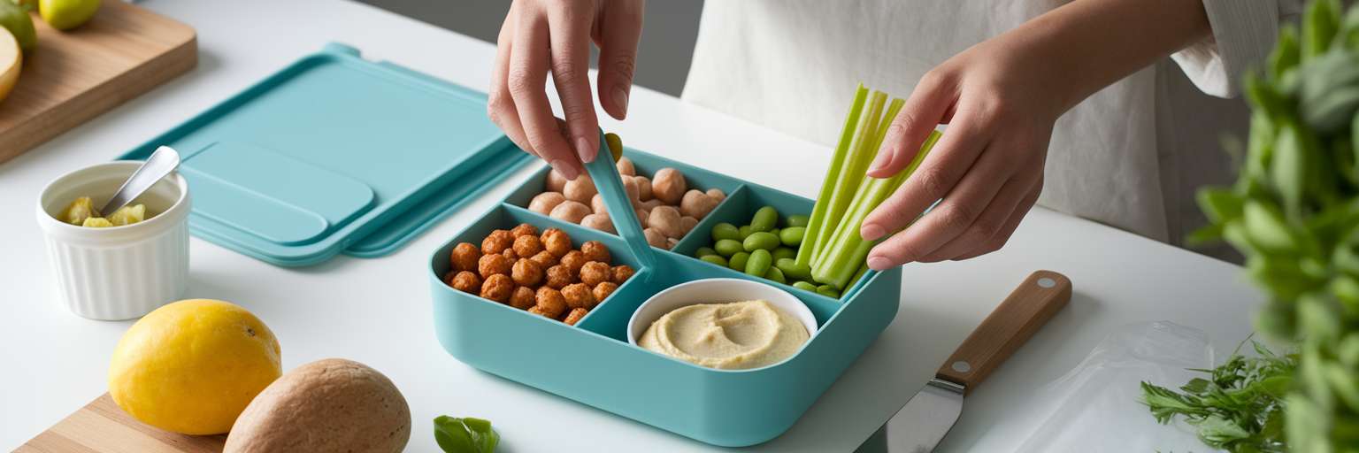 Packing healthy vegan snacks in lunchbox.