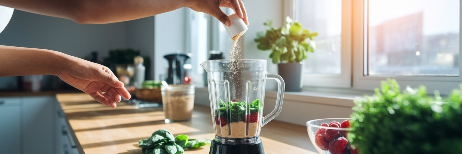 Persona añadiendo proteína vegetal al batido.