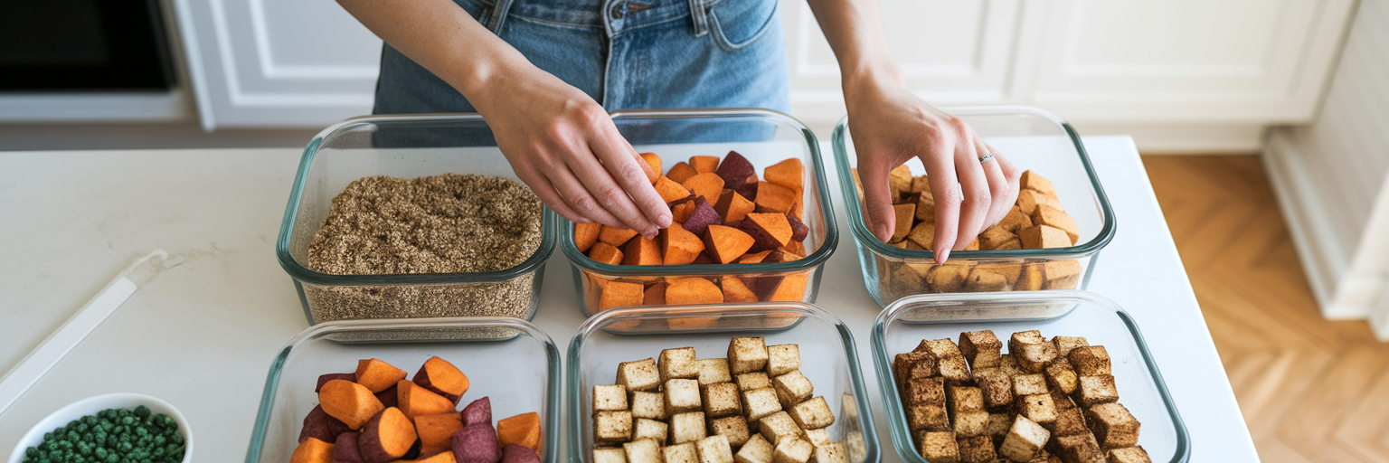 Persona cocinando comidas veganas en lotes en recipientes.