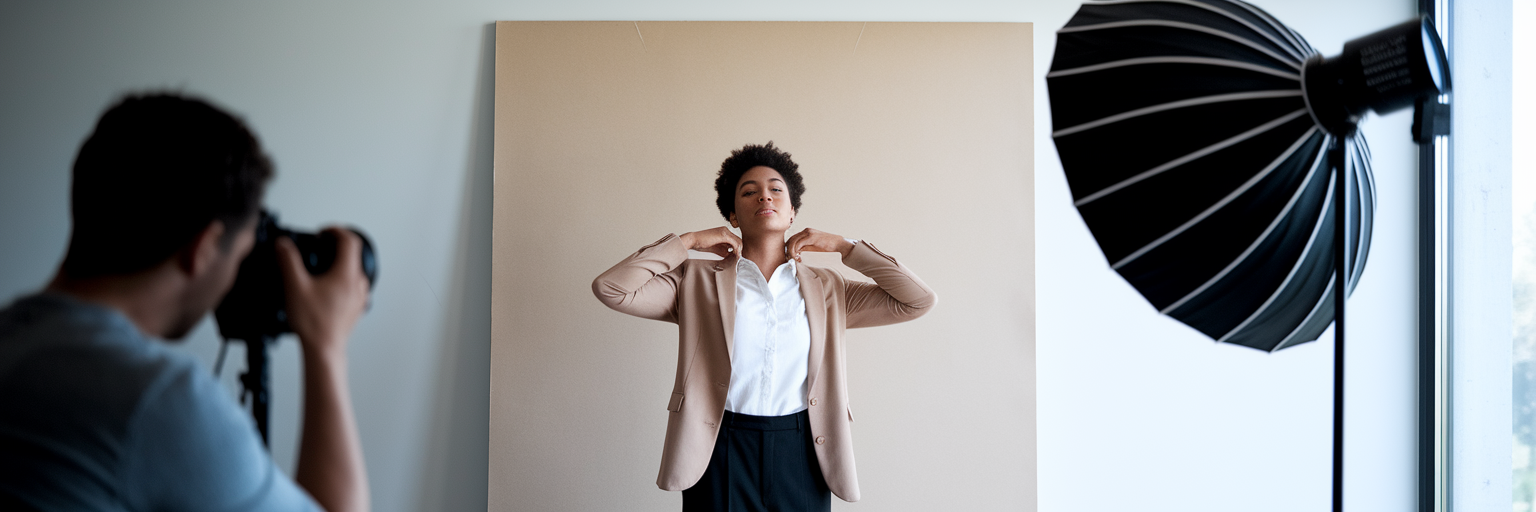 Person composing themselves for a professional photo.