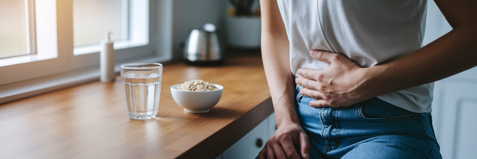 Person contemplating digestive wellness in kitchen.