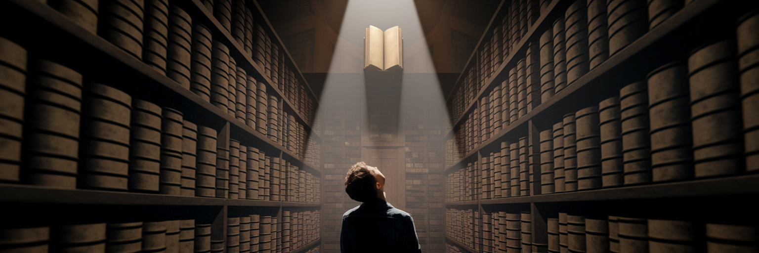 Person discovering a glowing book in a library.