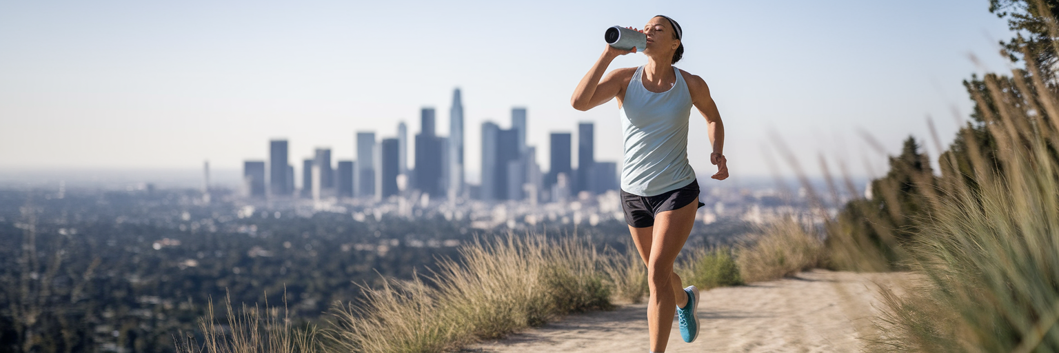 Person drinking protein shake after jog.