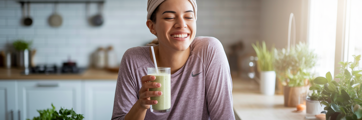 Persona disfrutando de un batido de proteínas saludable.
