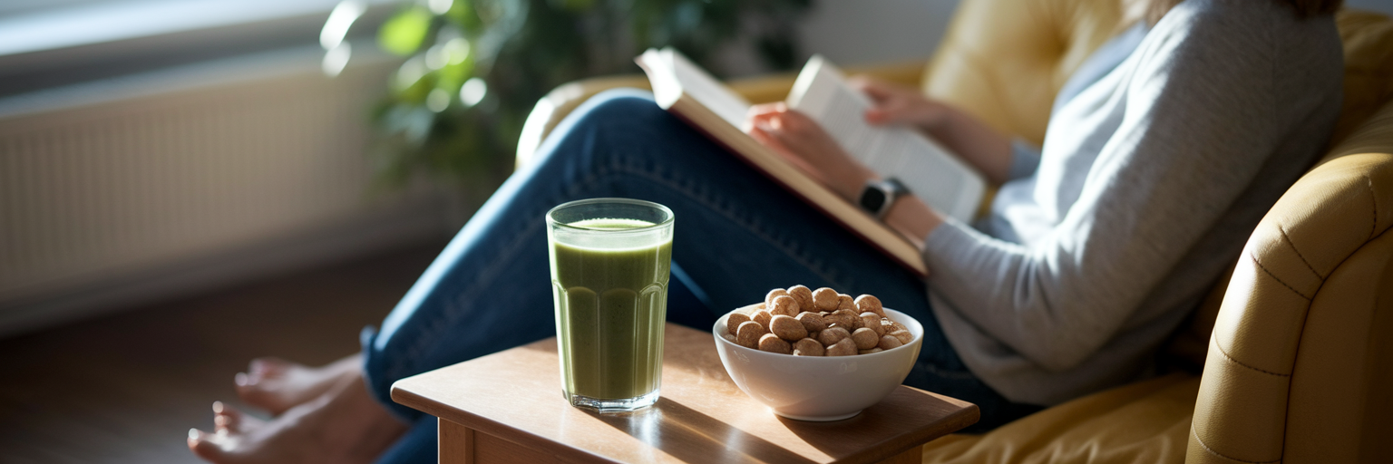Persona que se siente contenta con un batido saludable.