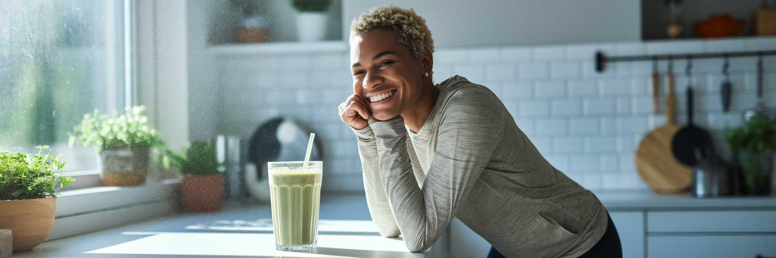 Person feeling satisfied after protein smoothie.