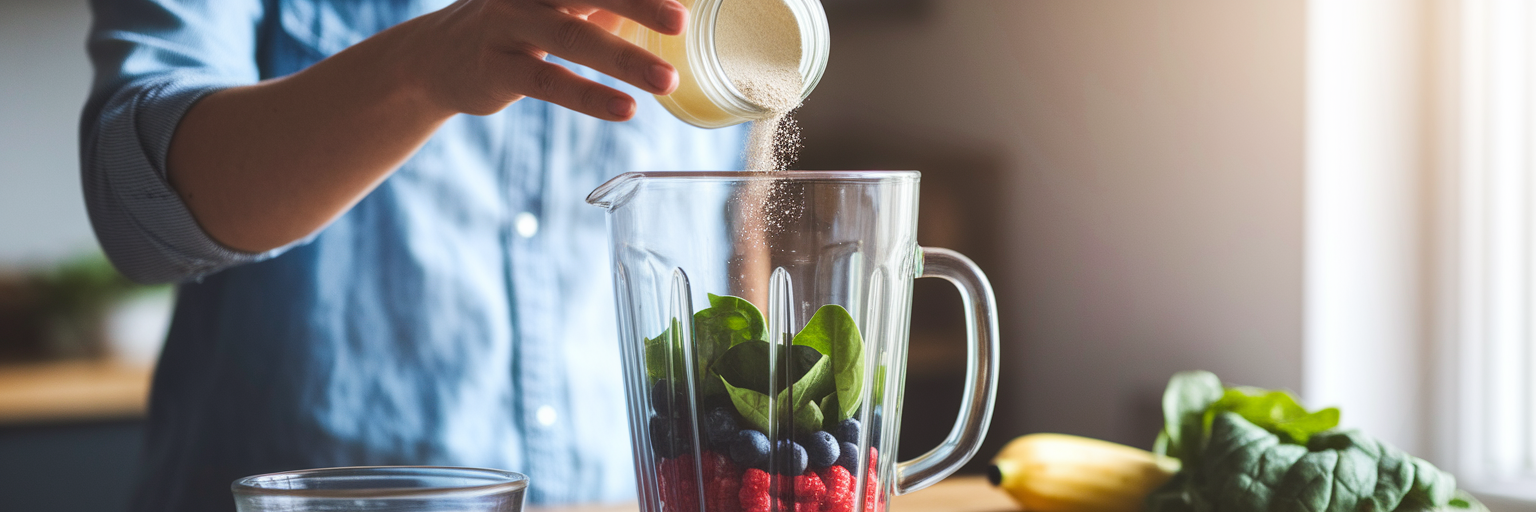 Person making a healthy vegan protein smoothie.