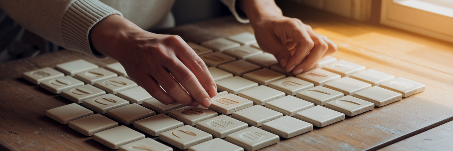Person organizing unique ceramic tiles