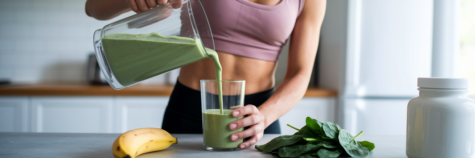Persona sirviendo un batido de proteínas después del entrenamiento.