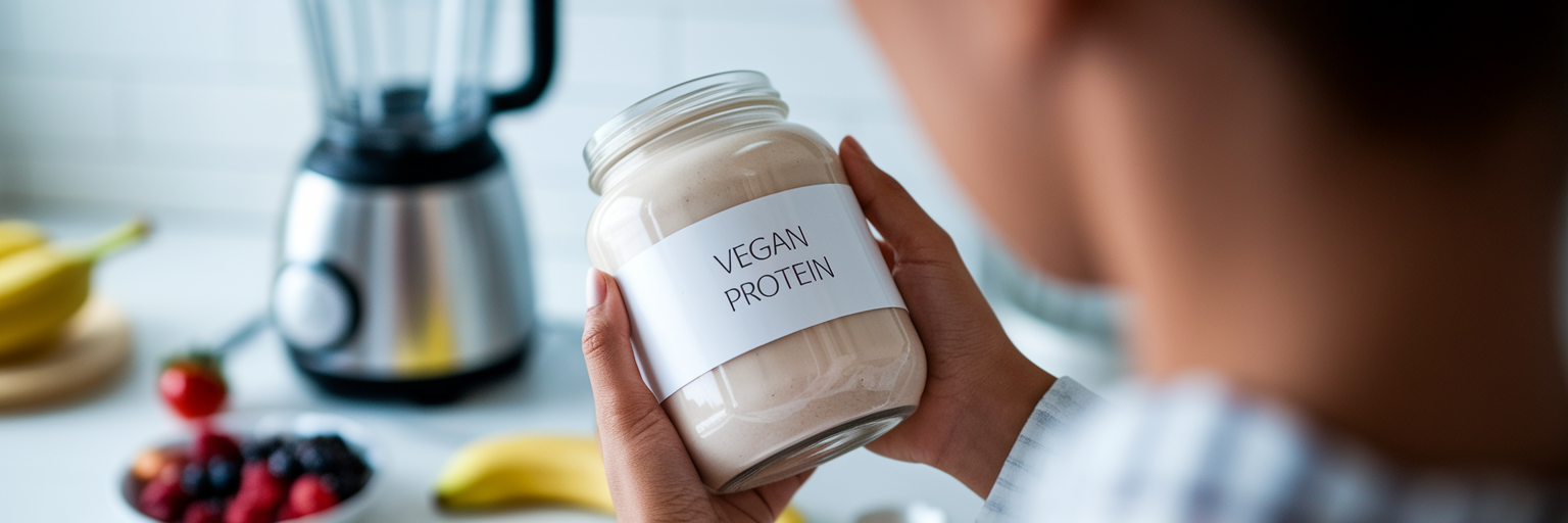 Persona leyendo la etiqueta del polvo de proteína vegana.