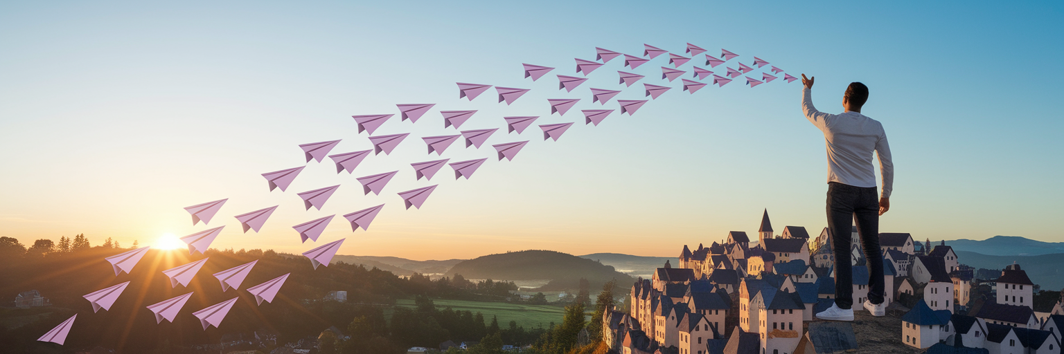 Person releasing paper airplanes over town.