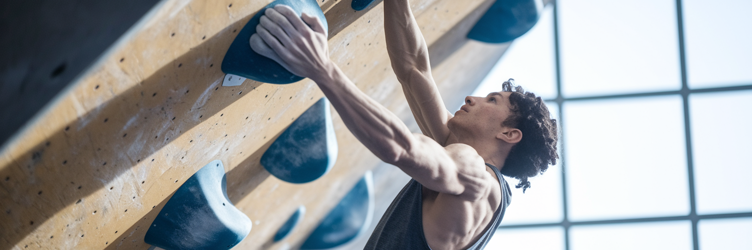 Person rock climbing indoors showing strength.