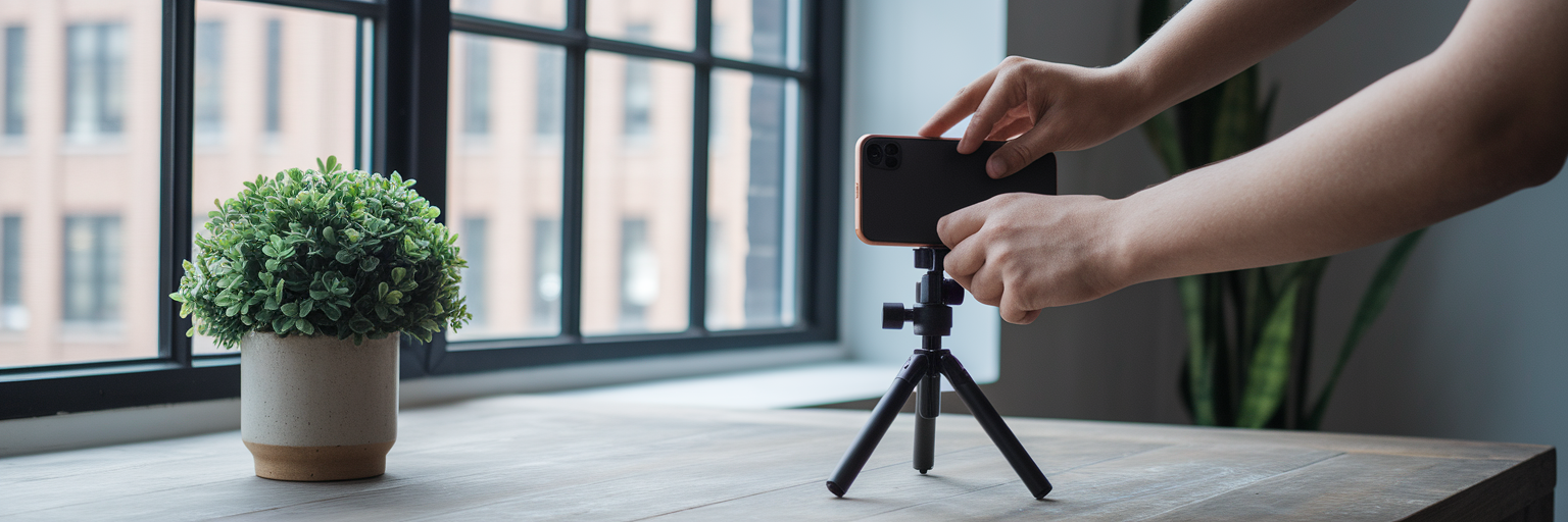 Person setting up smartphone for video.