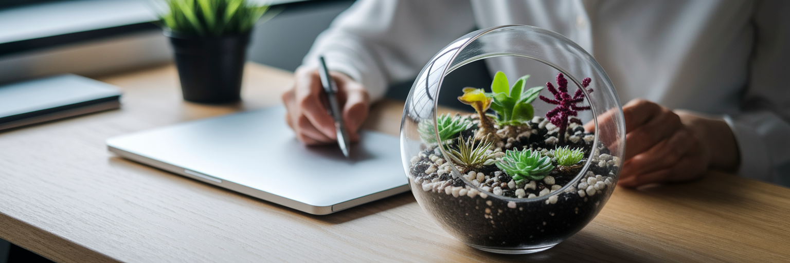 Person tending to a thriving terrarium.