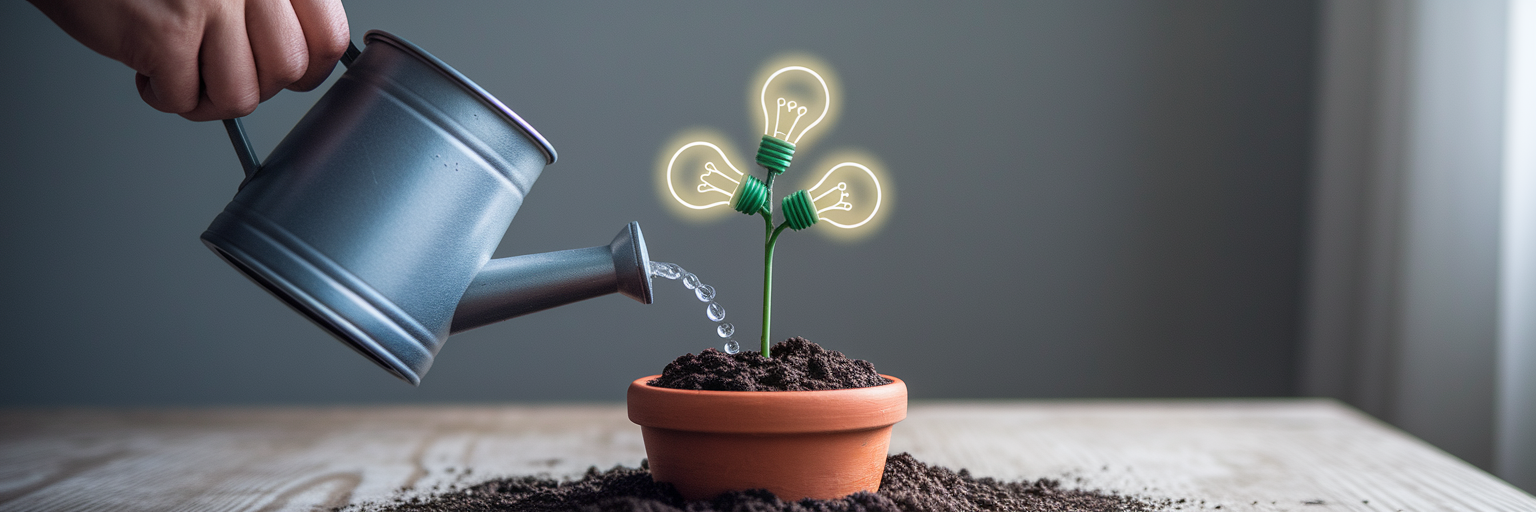 Person watering a plant with lightbulb leaves.