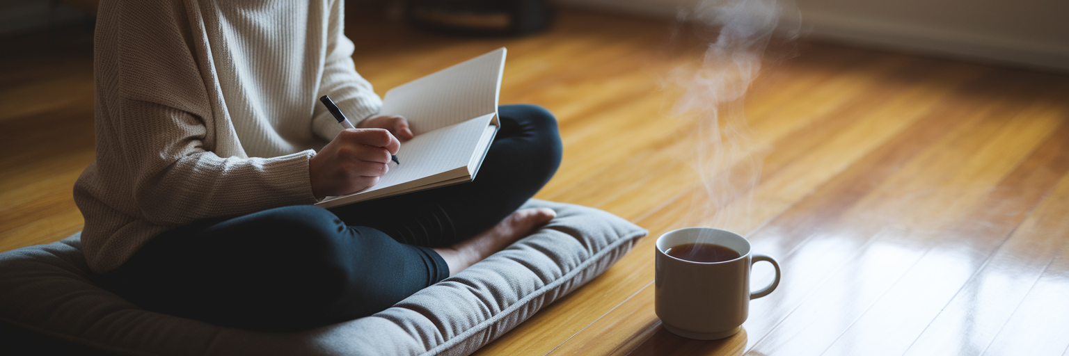 Person writing in notebook in sunlit room.