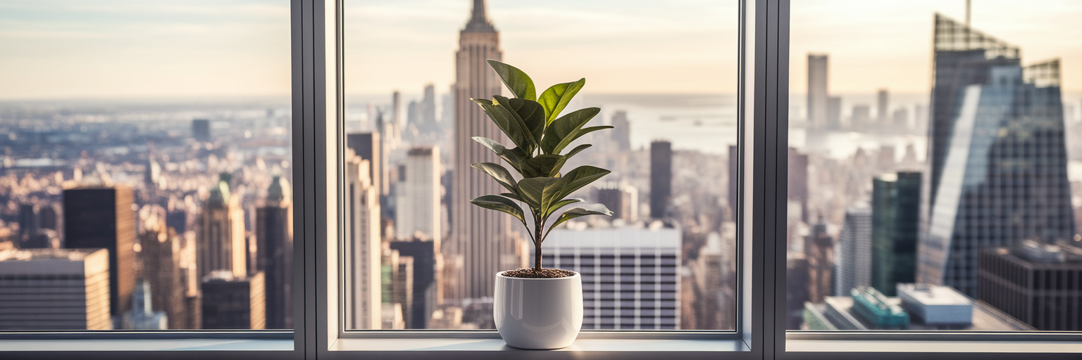 Plant growing on windowsill overlooking city.