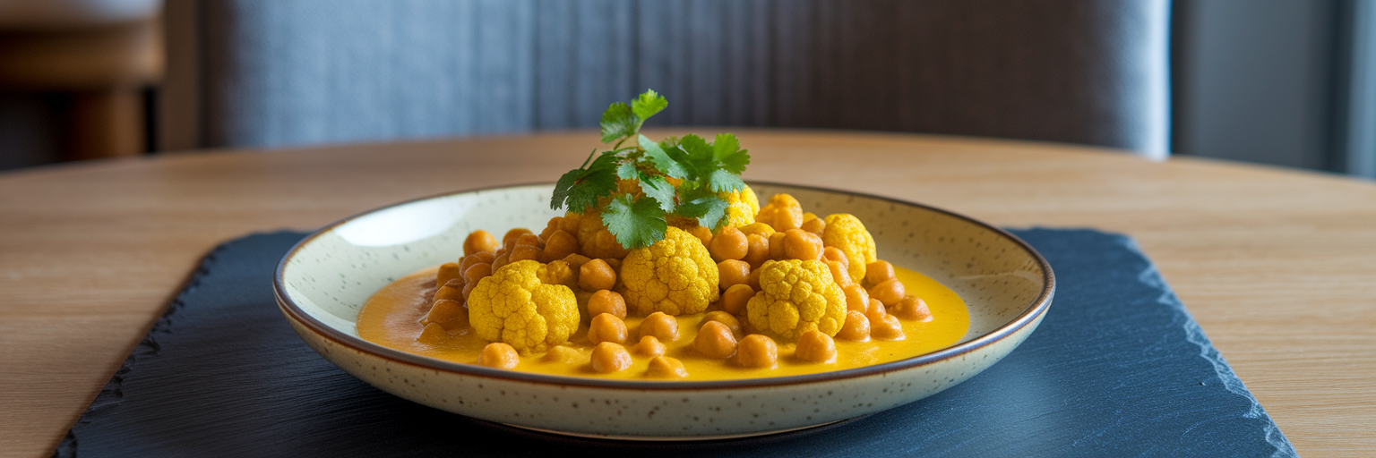 Plated vegan chickpea cauliflower curry