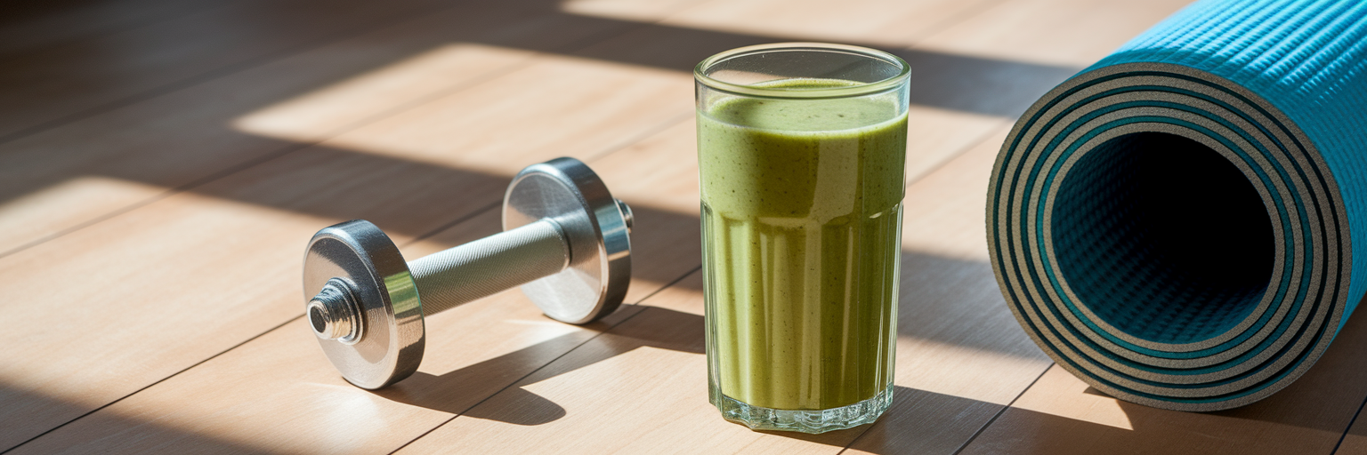 Batido de proteínas post-entrenamiento al lado de la esterilla de yoga.
