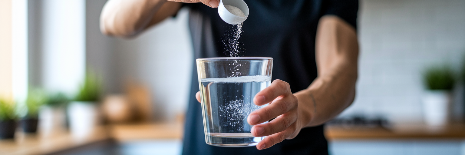 Pouring creatine powder into glass water.