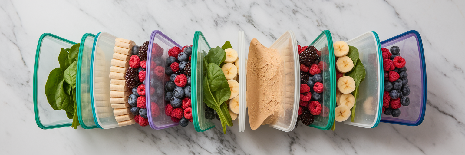 Paquetes de batidos de proteínas veganos pre-porcionados para congelar.