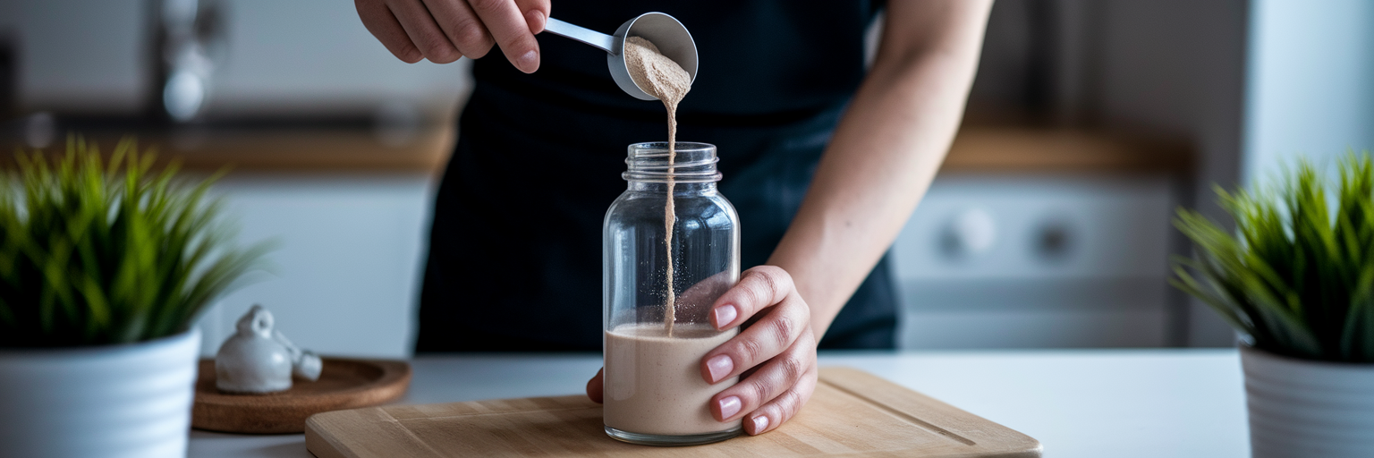 Preparing a small protein shake serving.