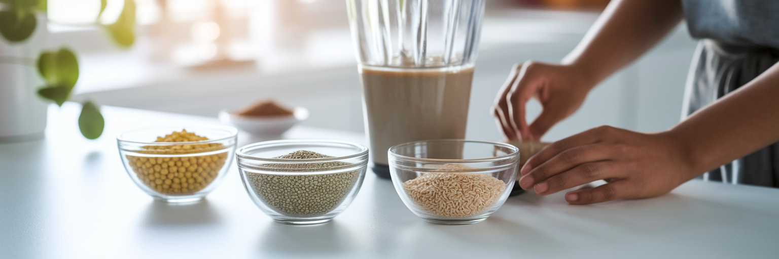 Preparando un batido de proteína vegano en una cocina.