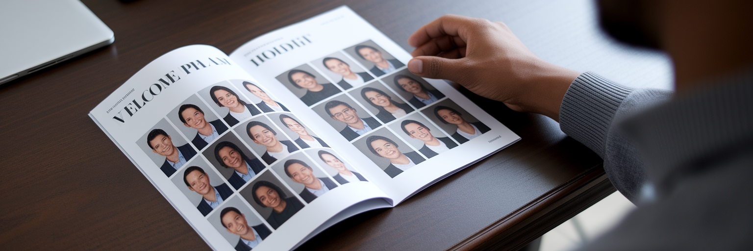 Printed company directory with team headshots.