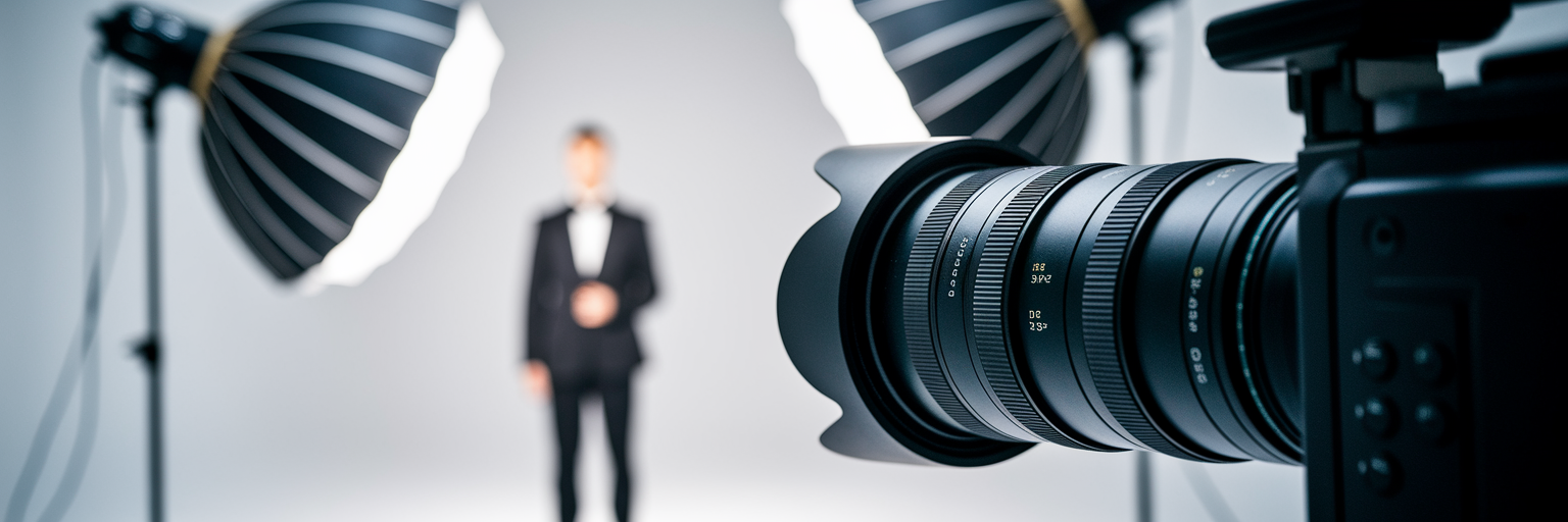 Professional camera lens in photography studio.