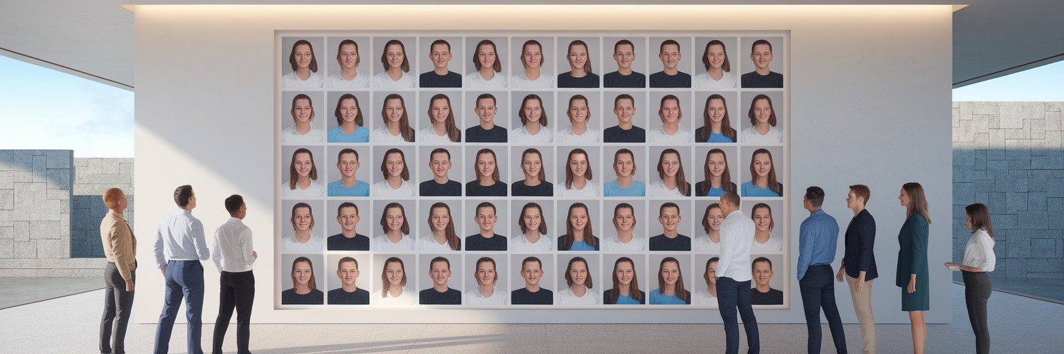 Professional team headshots displayed on office wall.