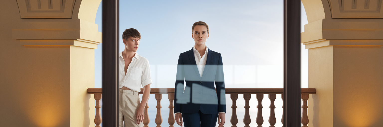 Professional transformation shown in window reflection.