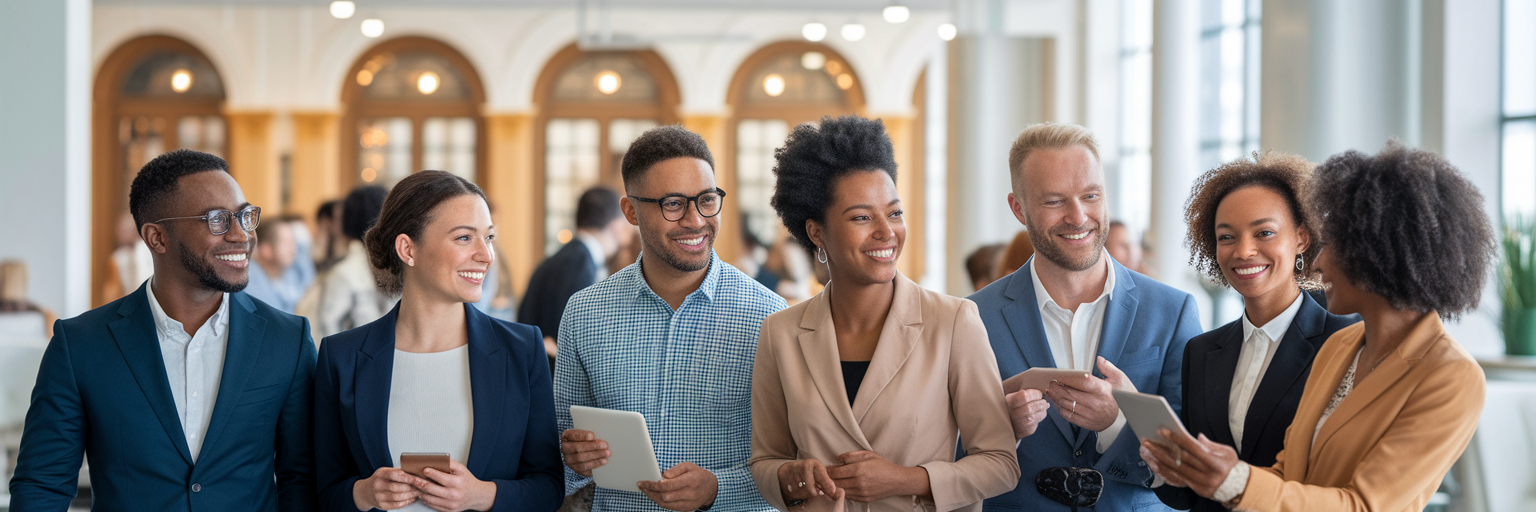 Professionals networking in a modern office.