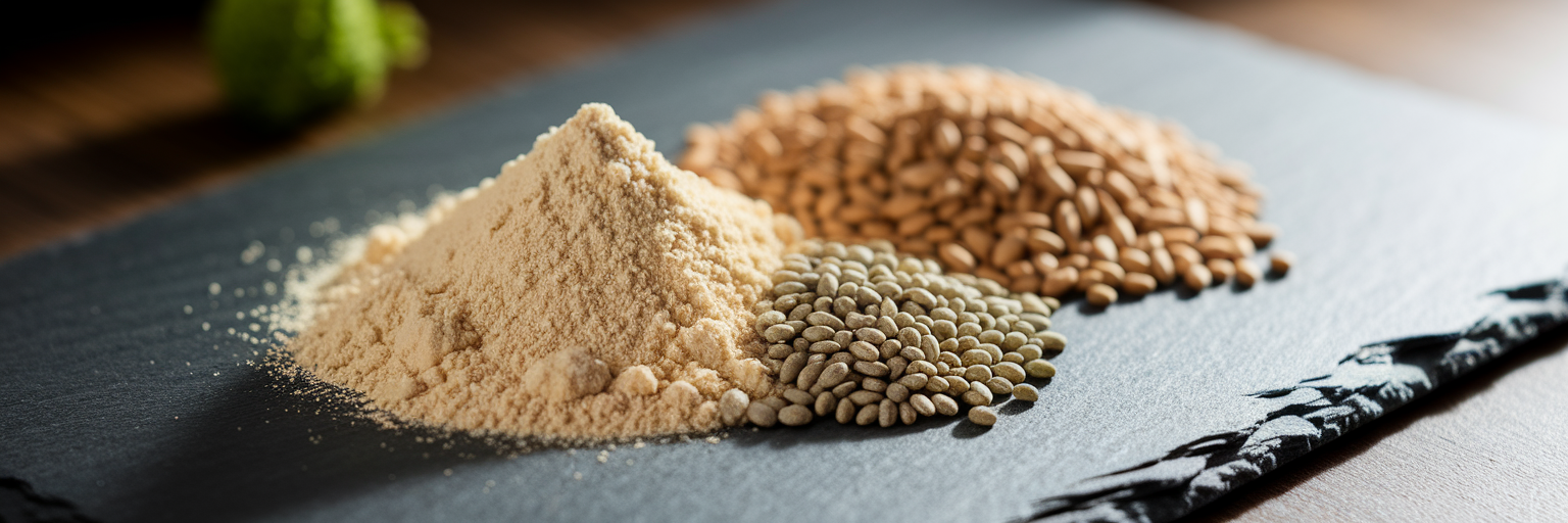 Fuentes crudas de proteína vegana en polvo.