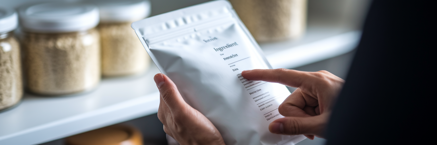 Reading the ingredient list on protein powder.