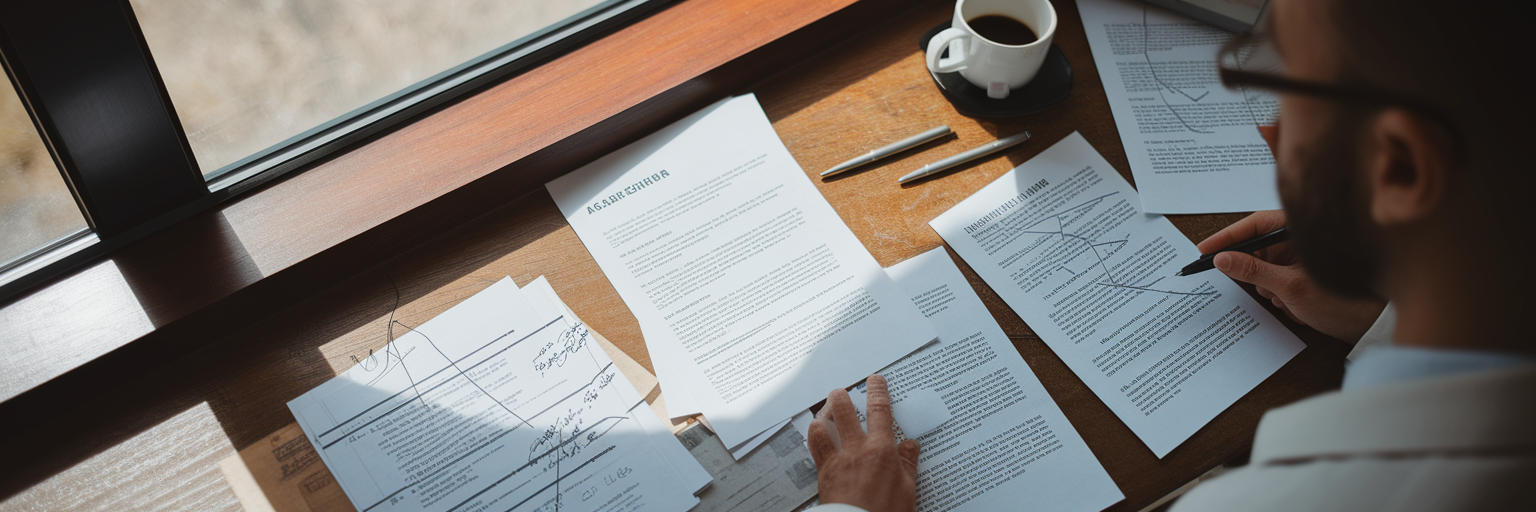 Researcher's desk with interconnected academic papers.
